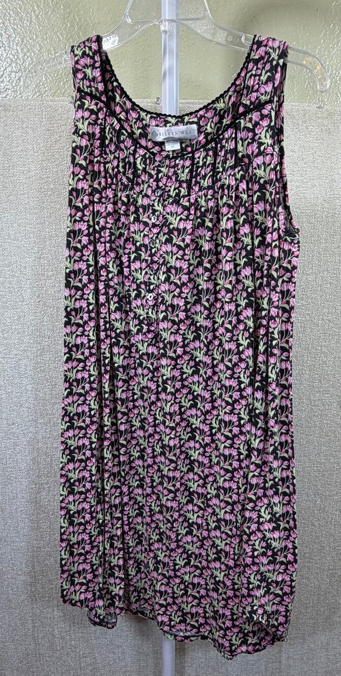 Eileen West Women Pink Black M Sleeveless Lace Trim Tulip Stretch Knit Nightgown